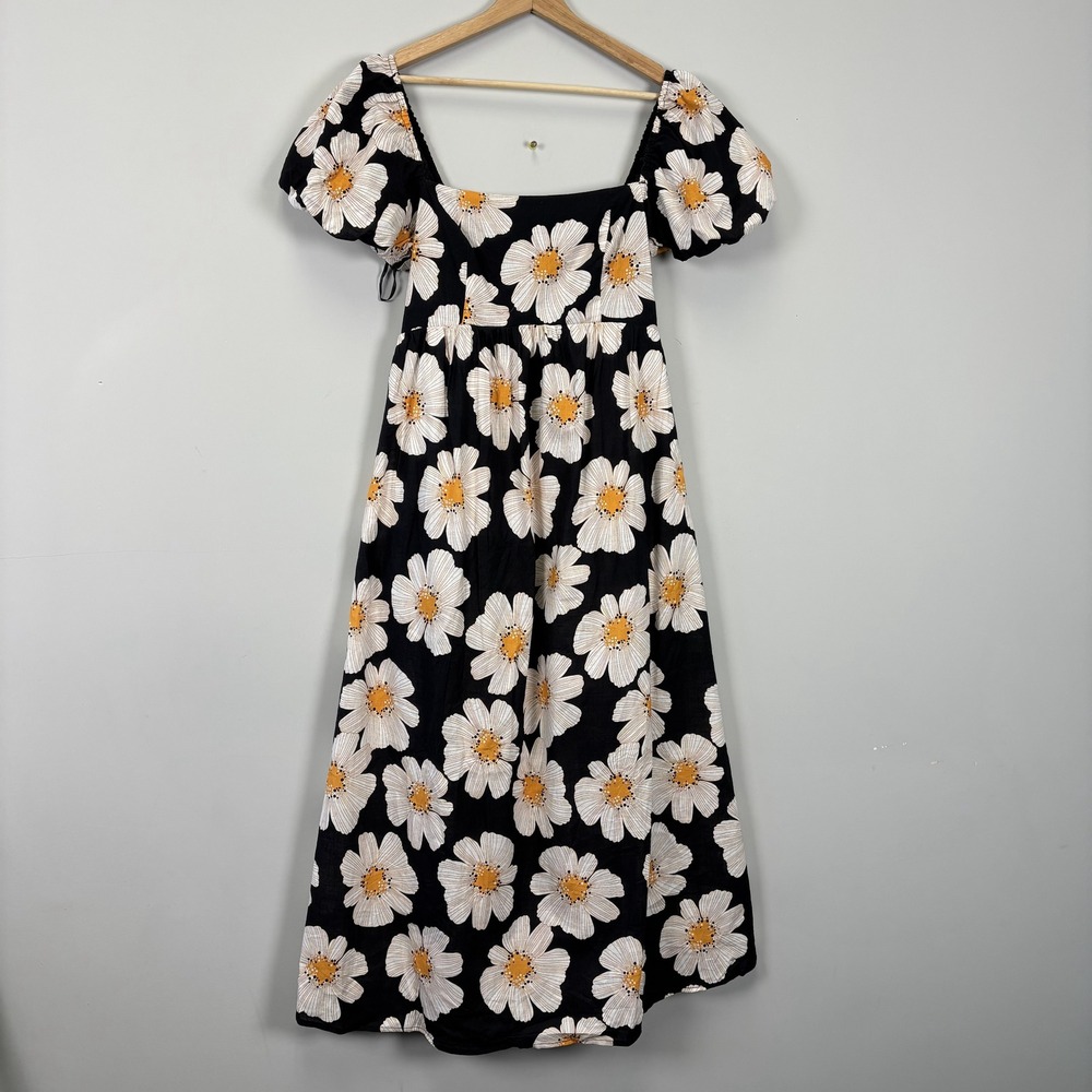 FEW MODA Women's Black Daisy Floral Print Square Neck Puff Sleeve Midi Dress M